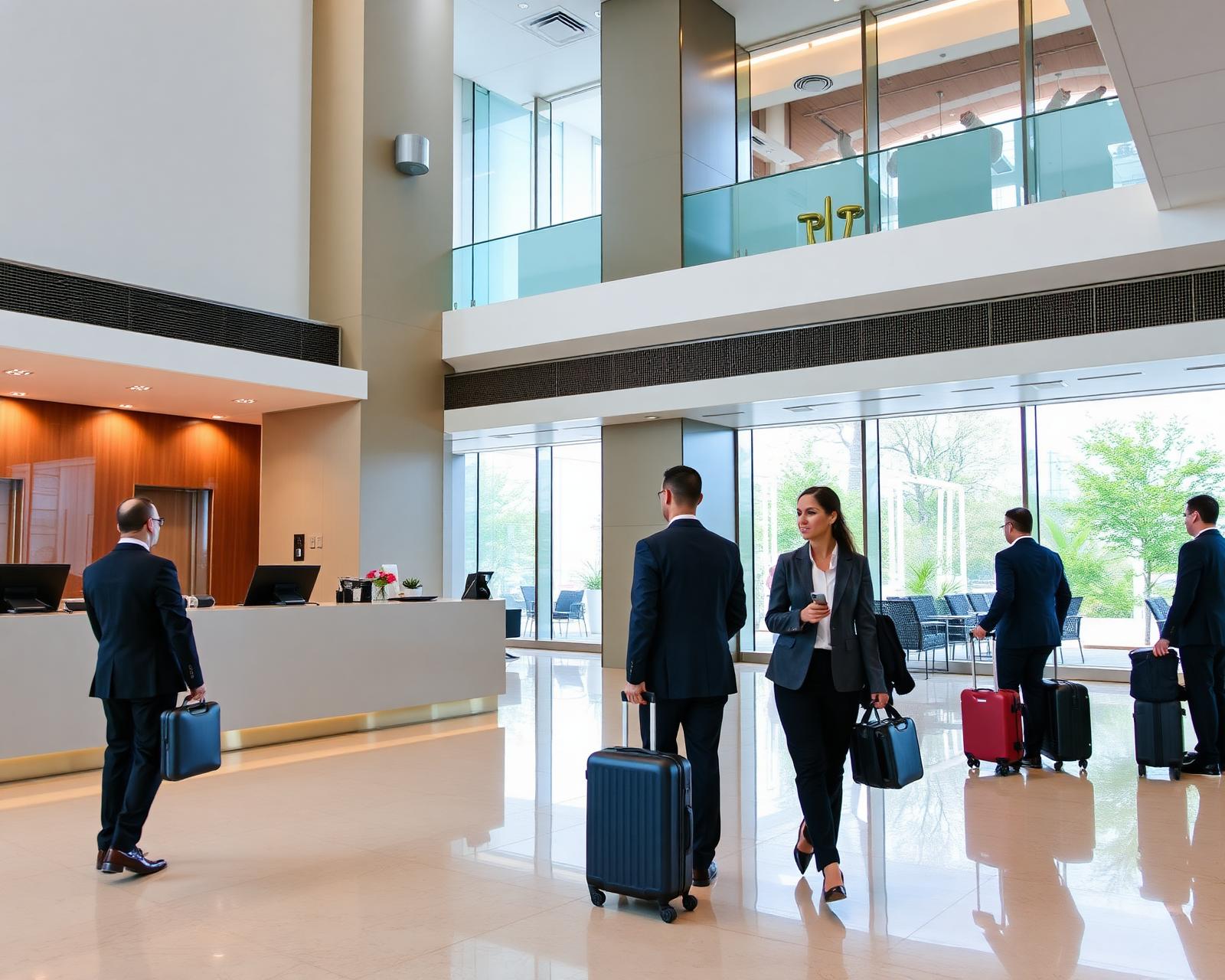 Corporate business travelers checking in at a modern hotel lobby